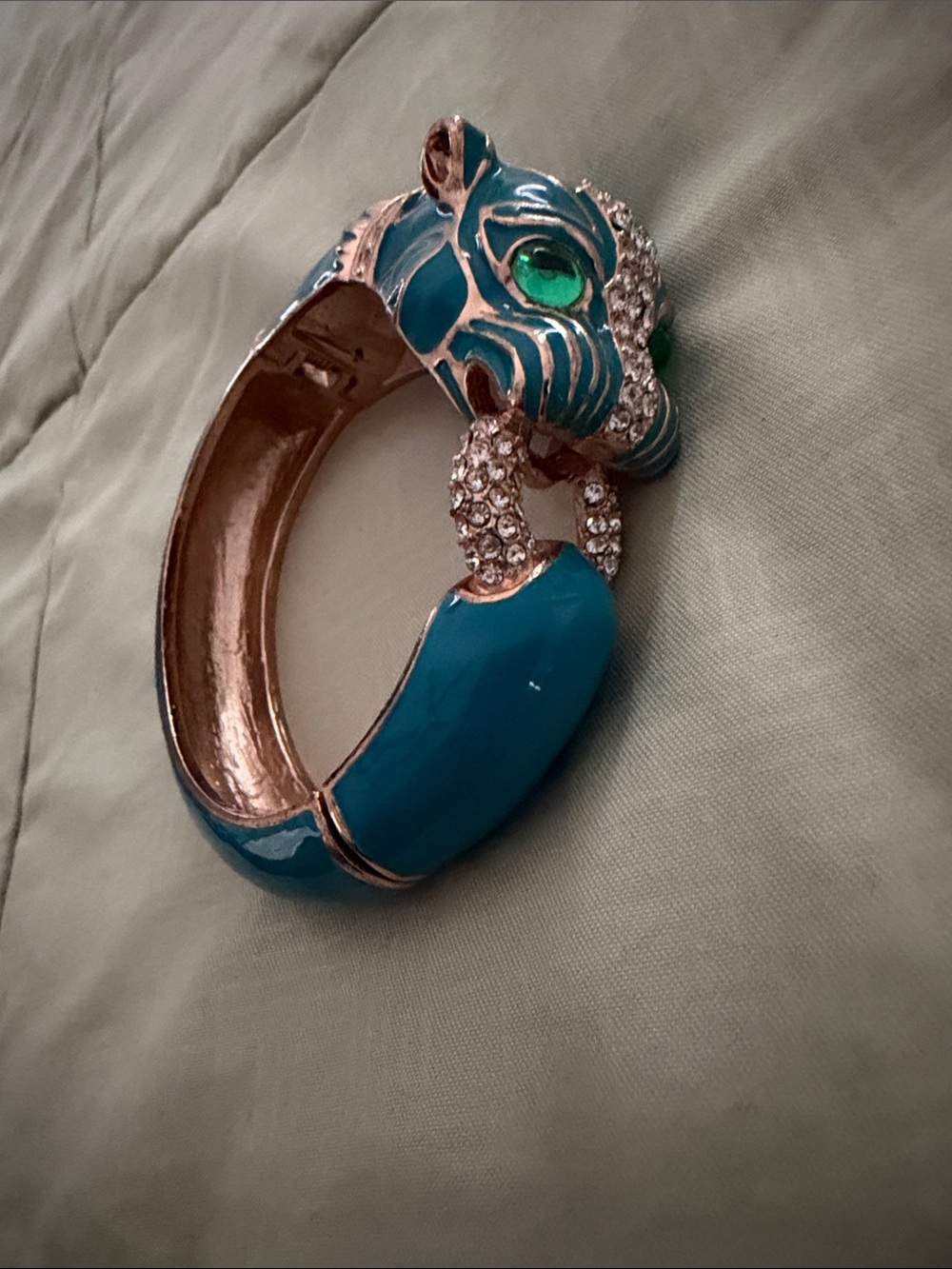 Vintage Turquoise Enamel Panther Head Clamper Bracelet